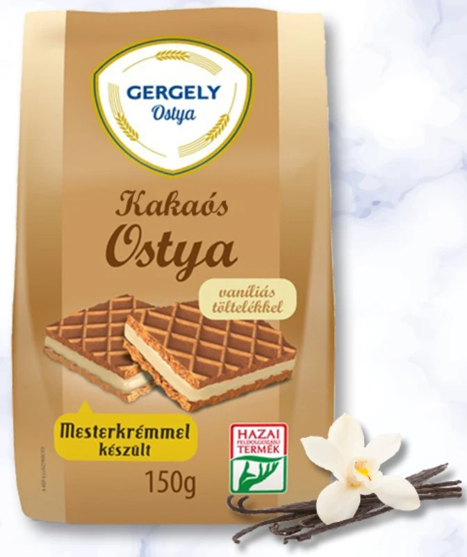 Gergely egyrétegű kakaós ostya vanília ízű tölt. 150 g